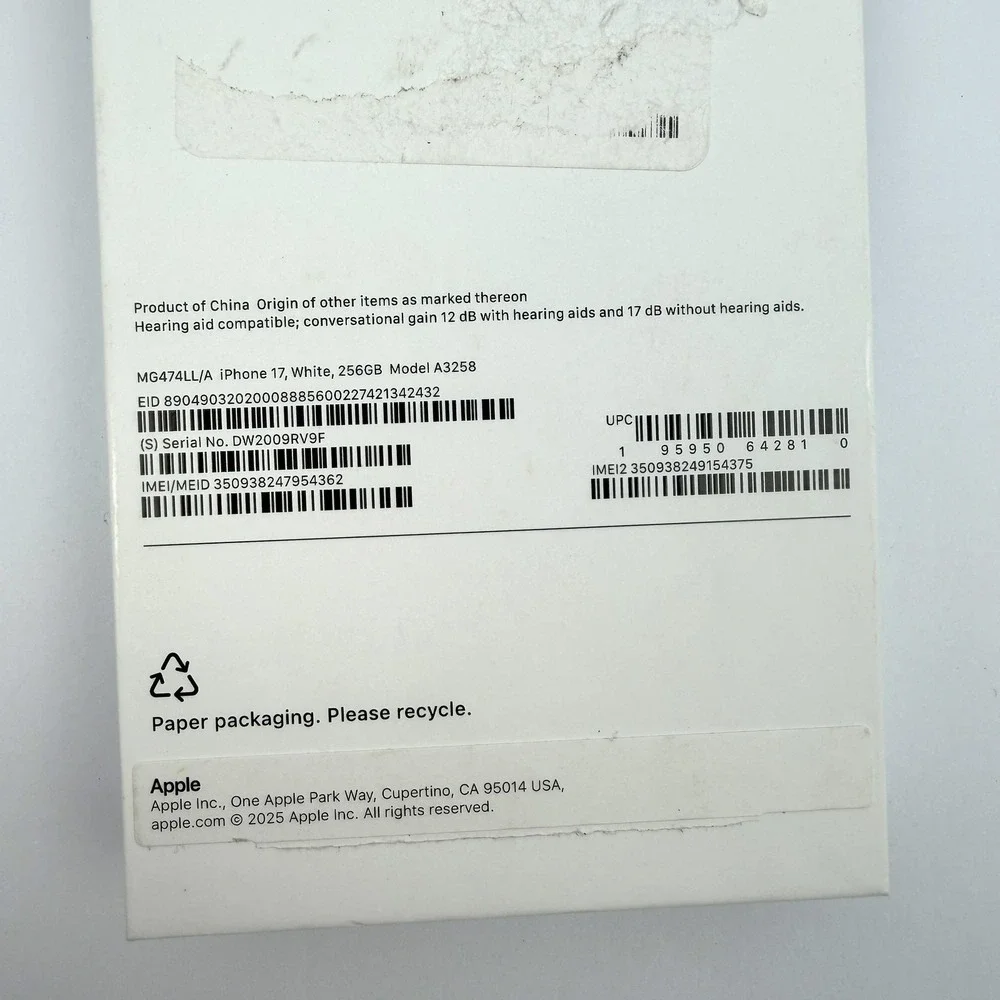 Apple‎ IPhone 17 White 256GB Original Retail Box Only A3258 MG474LL/A Empty